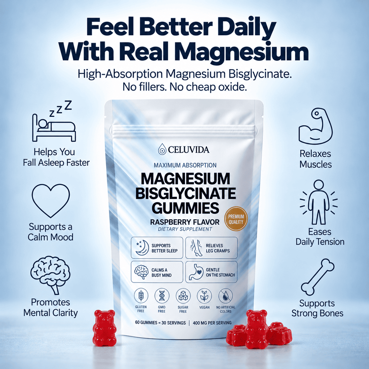 Pure Magnesium Bisglycinate Gummies — End the 3 AM Wake Ups. Sleep Through the Night